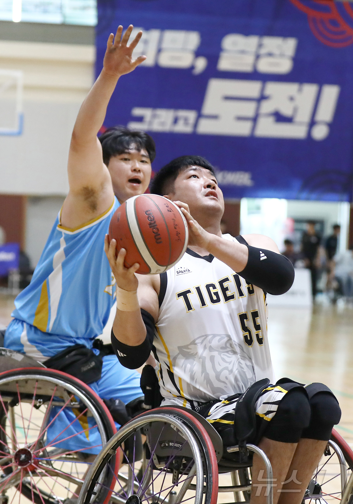 (서울=뉴스1) 김진환 기자 = 25일 오후, 수원 보훈재활체육센터에서 열린 '2026 KWBL 휠체어농구리그' 춘천 타이거즈와 코웨이 블루휠스 경기에서 춘천 김우경(오른쪽)이 코 …