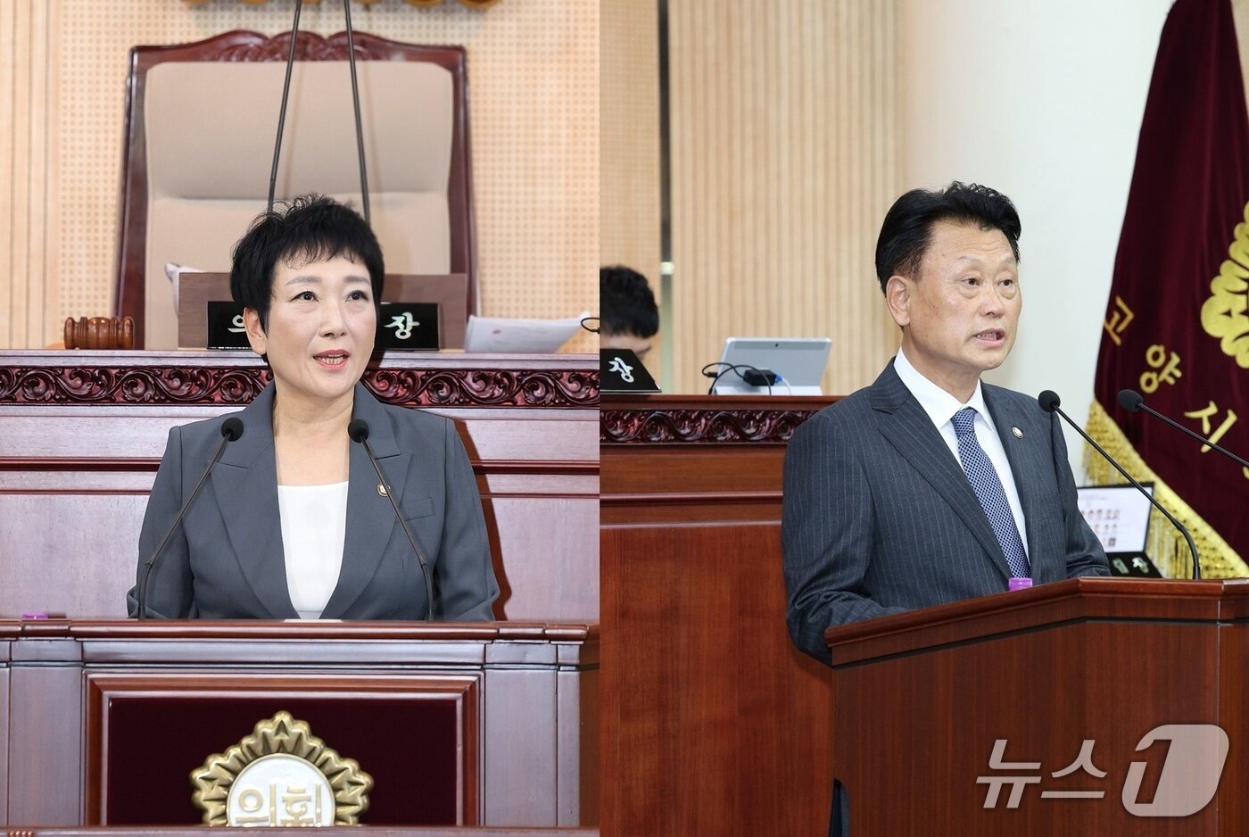 본문 이미지 - 지난 15일 고양시의회 임시회 본회의장에서 '5분 자유발언'을 통해 김수진 의원(왼쪽)과 김학영 의원이 가좌/대화마을의 대중교통 문제 해결을 촉구하고 있다. (고양시의회 제공, 재판매 및 DB금지)