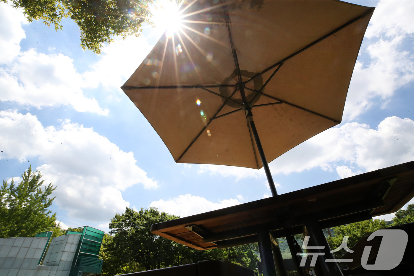 (대구=뉴스1) 공정식 기자 = 폭염이 계속된 27일 대구 수성구 수성못 상화동산에 마련된 그늘막 주변이 텅 비어 있다. 2026.7.27/뉴스1
