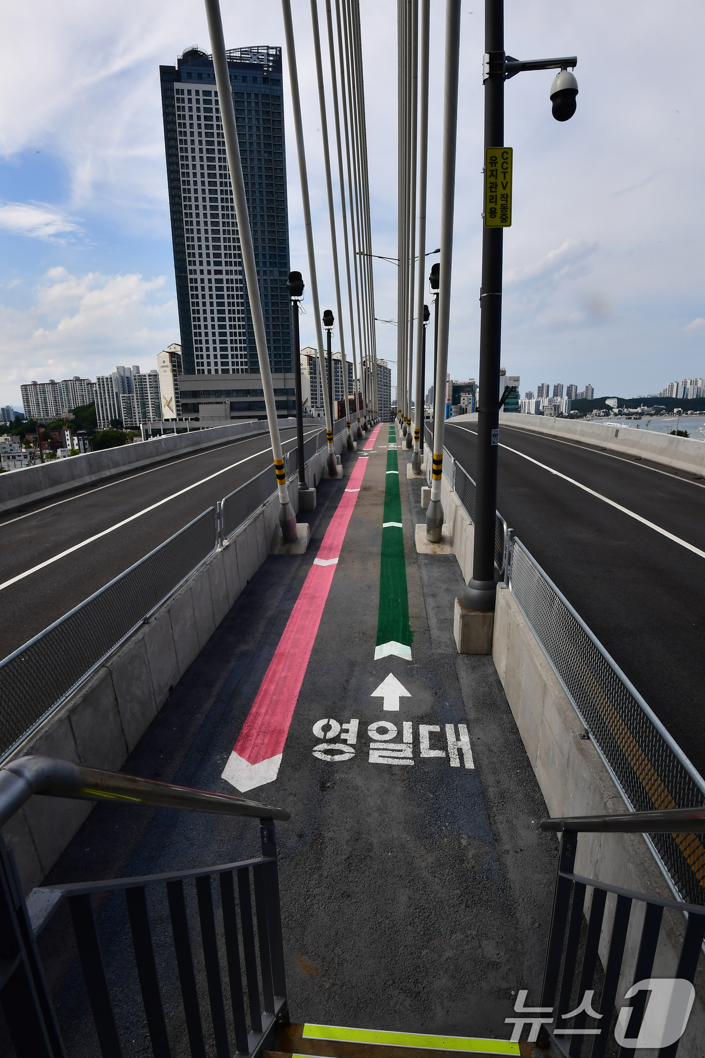 (포항=뉴스1) 최창호 기자 = 경북 포항시 해오름대교 전망대 개방 첫 날인 27일 대교를 이용하는 시민과 관광객들의 편의를 위해 걸어서 이동할 수 있는 보행로가 갖춰져 있다.해오 …