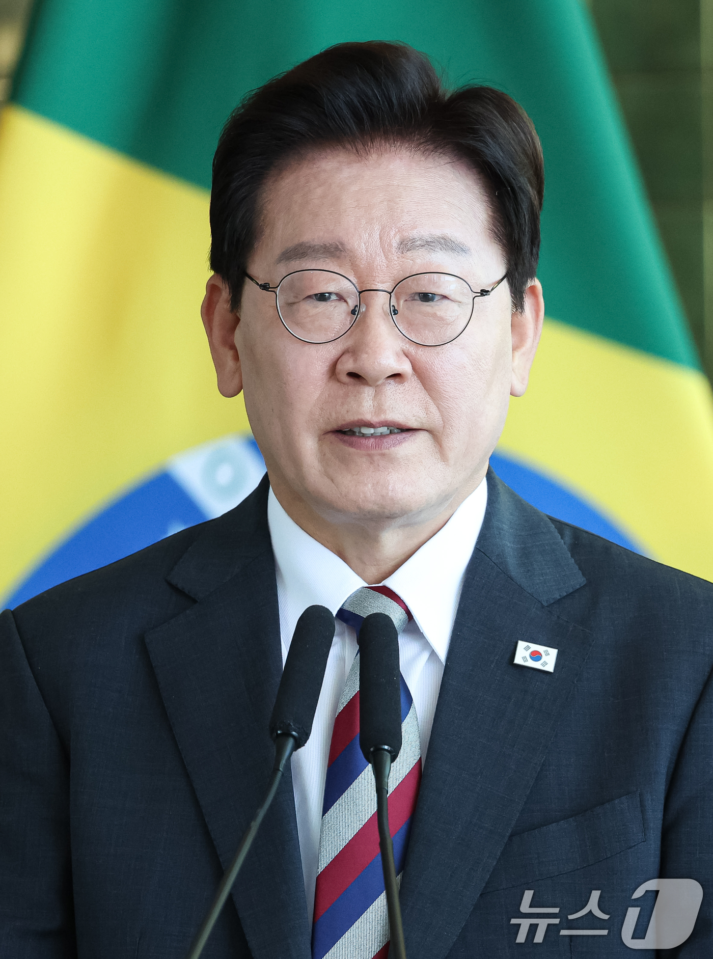 (브라질리아=뉴스1) 허경 기자 = 이재명 대통령이 27일(현지시간) 브라질 대통령관저에서 한·브라질 공동언론발표를 하고 있다. 2026.7.28/뉴스1