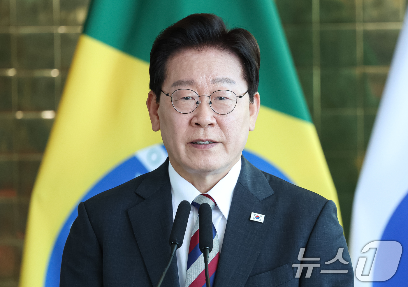 (브라질리아=뉴스1) 허경 기자 = 이재명 대통령이 27일(현지시간) 브라질 대통령관저에서 한·브라질 공동언론발표를 하고 있다. 2026.7.28/뉴스1