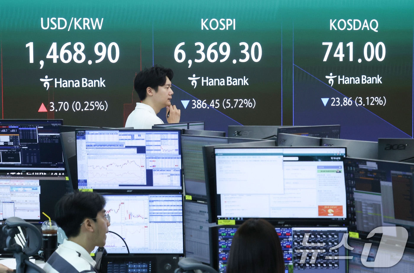 (서울=뉴스1) 이종수 기자 = 28일 오전 서울 중구 하나은행 딜링룸 전광판에 코스피 등 시황이 표시되고 있다. 이날 코스피는 전 거래일에 비해 355.48포인트(-5.26%) …