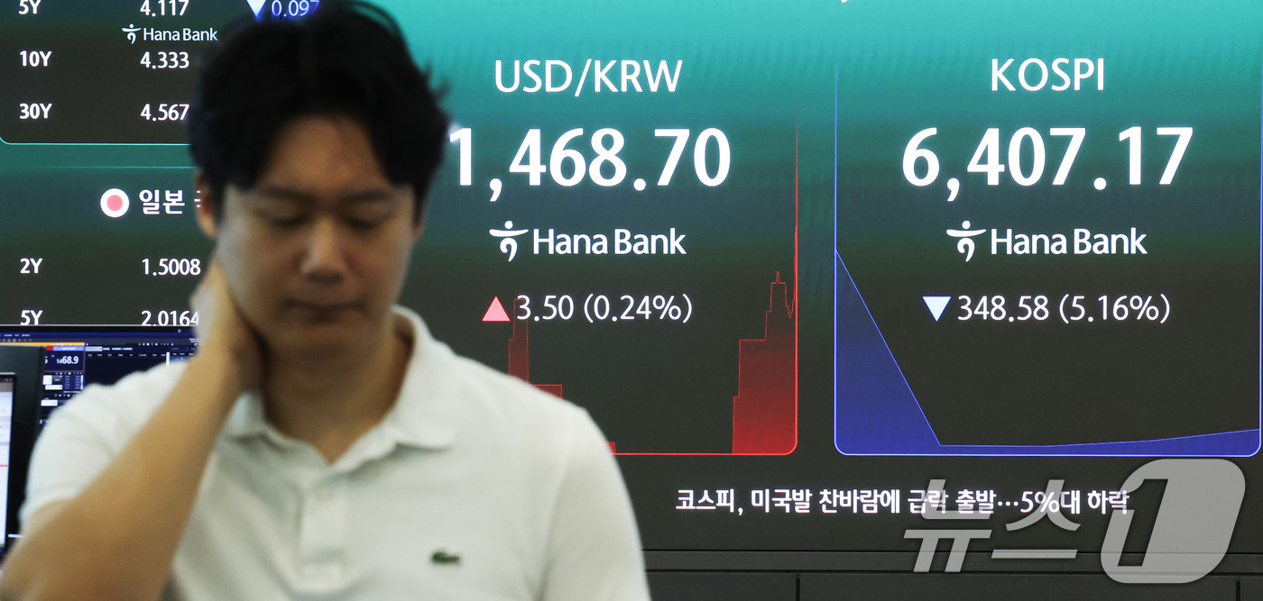 (서울=뉴스1) 이종수 기자 = 28일 오전 서울 중구 하나은행 딜링룸 전광판에 코스피 등 시황이 표시되고 있다. 이날 코스피는 전 거래일에 비해 355.48포인트(-5.26%) …