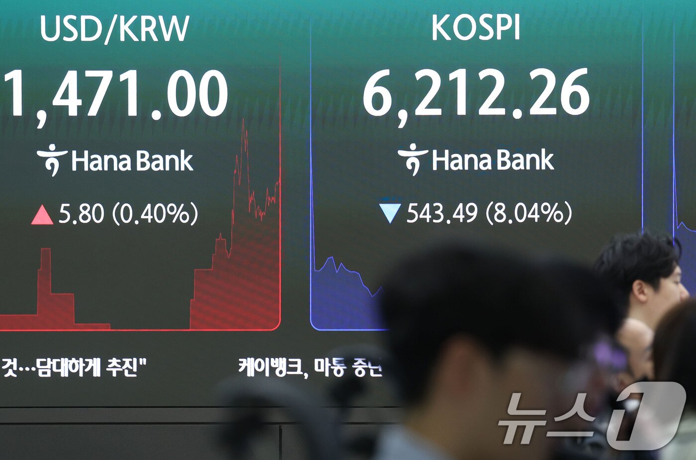 본문 이미지 - 코스피가 급락하며 서킷브레이커가 발동된 28일 오전 서울 중구 하나은행 딜링룸 전광판에 코스피 등 시황이 표시되고 있다. 이날 코스피는 장중 8% 넘게 급락하면서 유가증권시장에서 서킷브레이커가 발동됐다. 2026.7.28 ⓒ 뉴스1 이종수 기자