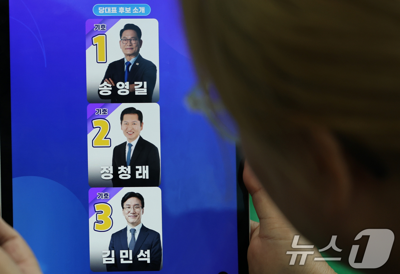 (대전=뉴스1) 김기태 기자 = 더불어민주당 신임 당대표와 최고위원 선출을 위한 본경선 권리당원 투표가 시작된 28일 대전 서구에서 권리당원이 후보별 정보를 살펴보고 있다. 202 …