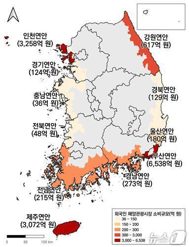 본문 이미지 - 2025년 연안지역 외국인 해양관광시장 소비규모 현황(한국해양수산개발원 제공)