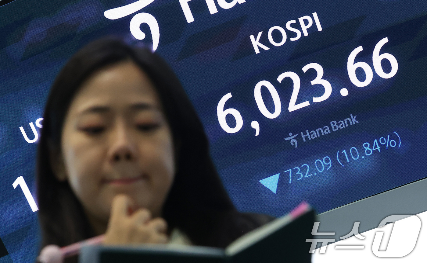 (서울=뉴스1) 김성진 기자 = 코스피 지수가 장중 6000선이 붕괴된 28일 서울 중구 하나은행 본점 딜링룸 전광판에 종가가 나오고 있다.이날 코스피는 전일 종가와 비교해 732 …