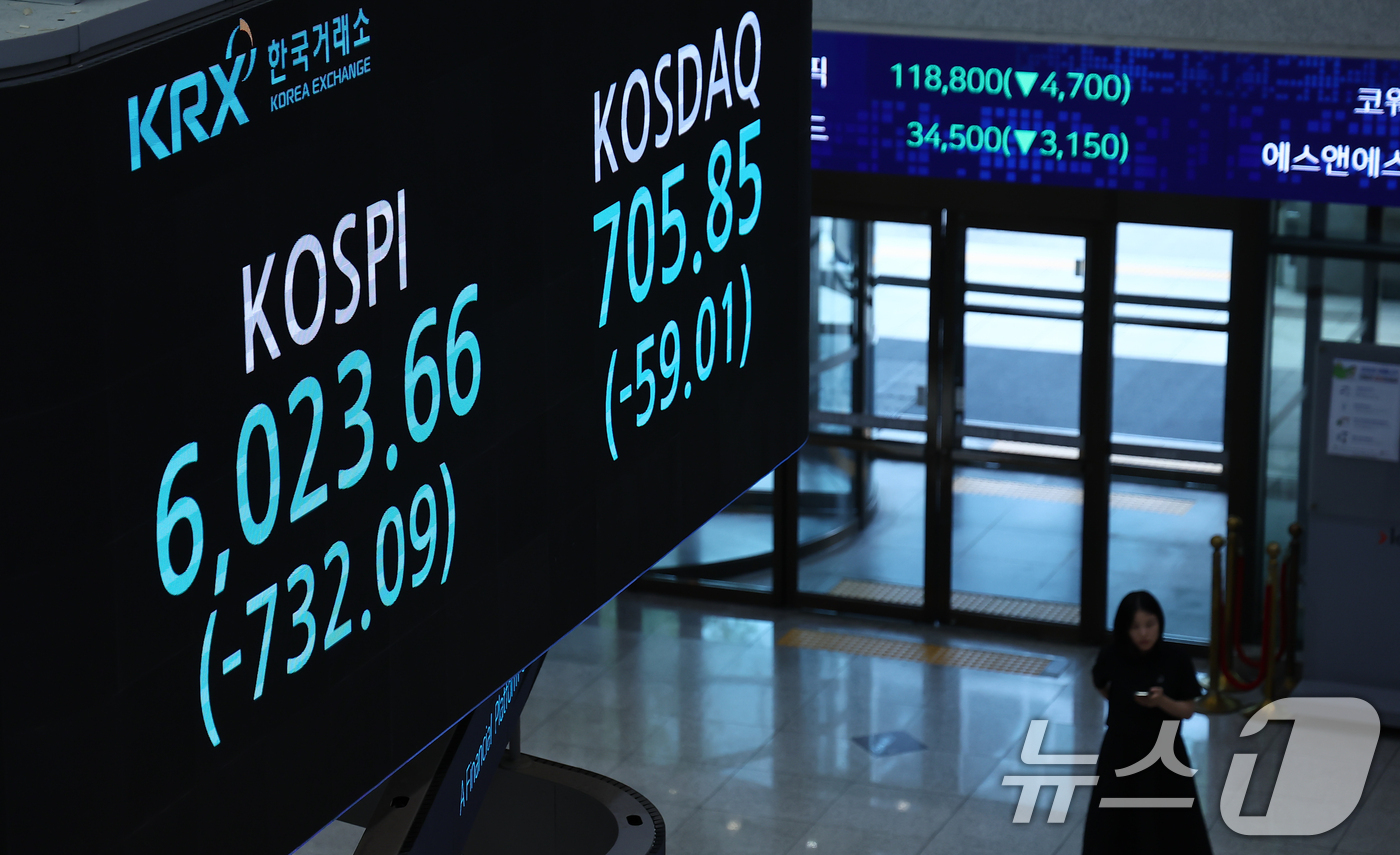 (서울=뉴스1) 김도우 기자 = 코스피 지수가 급락한 28일 서울 영등포구 한국거래소 전광판에 코스피 지수가 전일 종가와 비교해  732.09포인트(p)(10.84%) 하락한 60 …