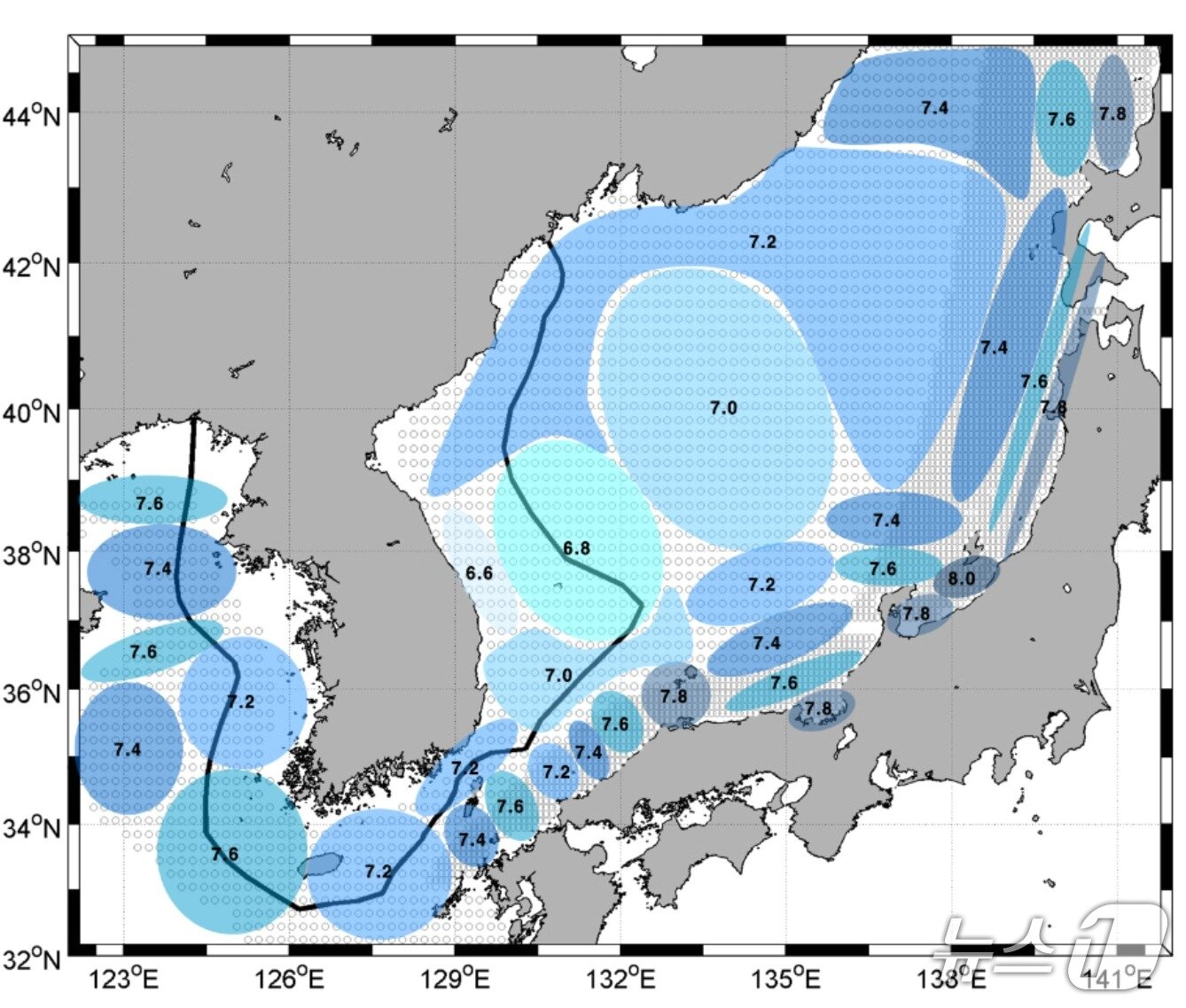본문 이미지 - 한반도 해안에 지진해일 높이 0.5m 이상 유발 가능한 최소 지진규모 모식도(기상청 제공) ⓒ 뉴스1