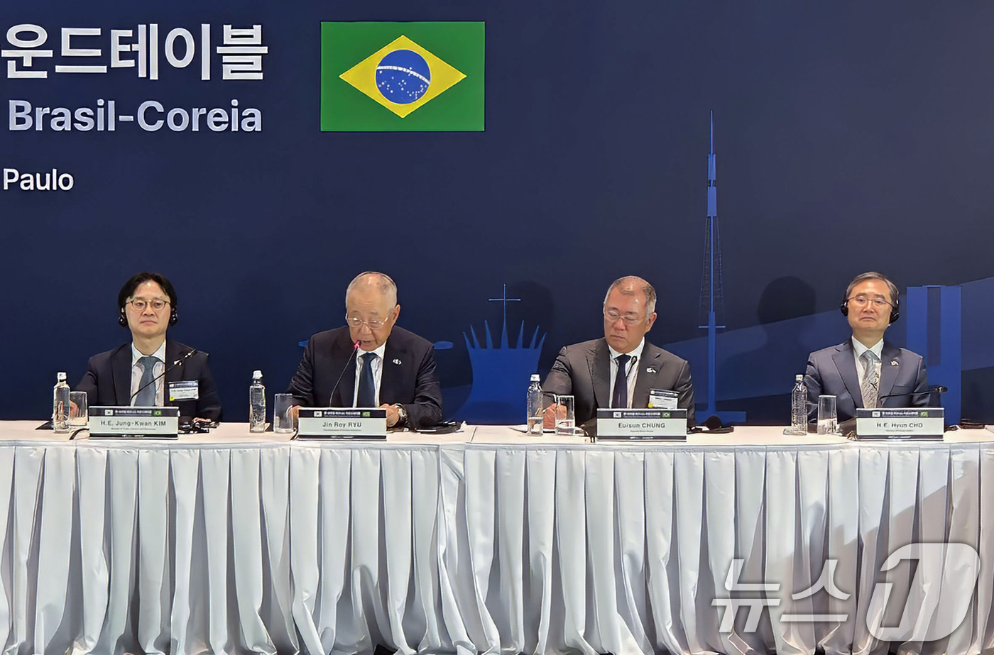 (서울=뉴스1) = 류진 한국경제인협회 회장이 28일(현지시간) 브라질 그랜드 하얏트 상파울루 호텔에서 열린 '한-브라질 비즈니스 라운드테이블'에서 인사말을 하고 있다.이날 라운드 …