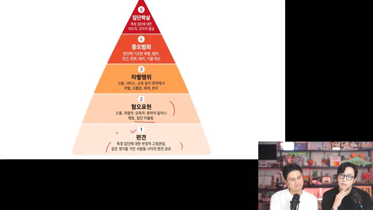 본문 이미지 - 나응식 수의사와 이학범 수의사가 유튜브 라이브 방송을 통해 '혐오 피라미드'를 소개하며 길고양이에 대한 사회 분위기를 우려했다(냥신TV 갈무리). ⓒ 뉴스1