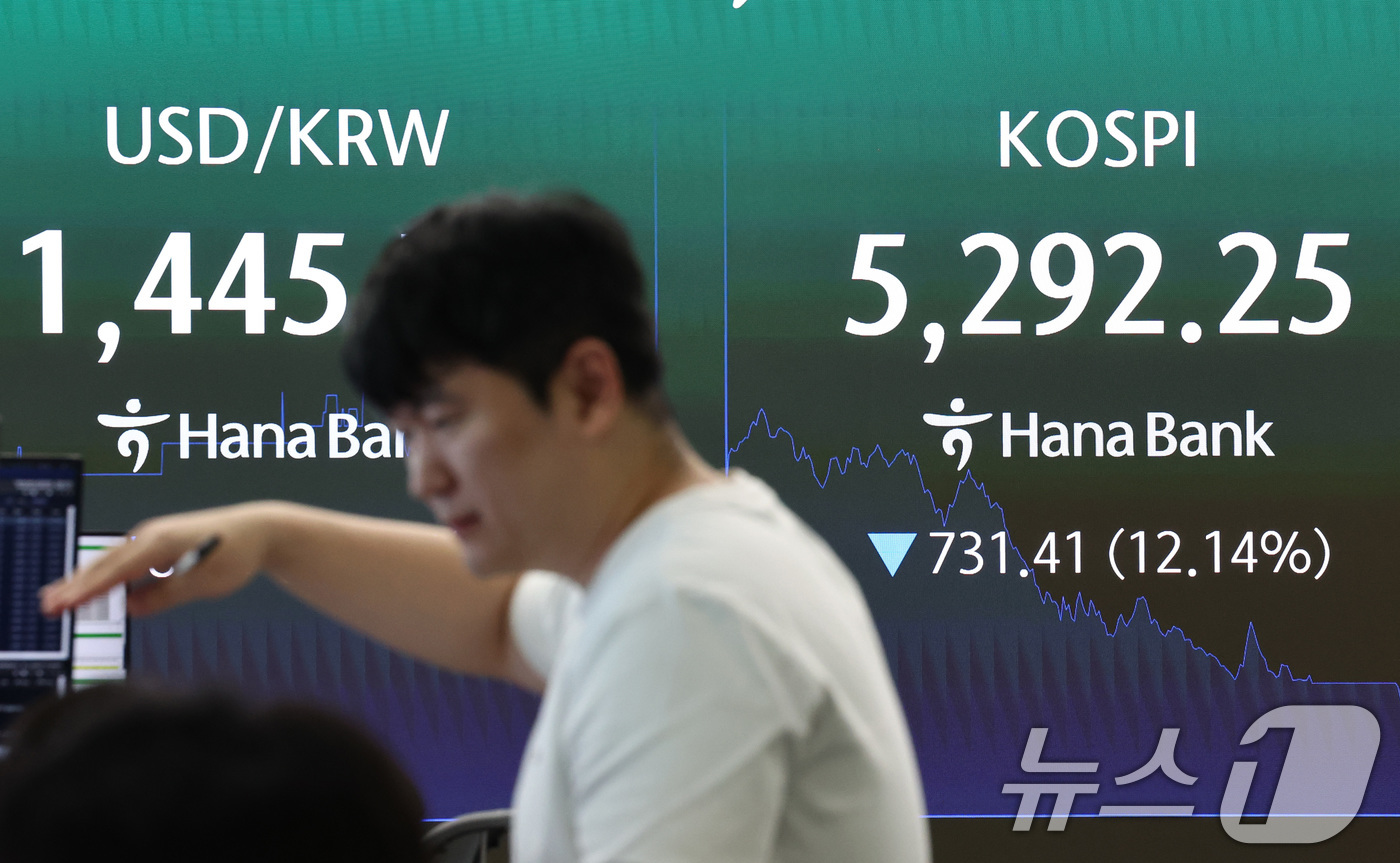 (서울=뉴스1) 최지환 기자 = 코스피, 코스닥 시장에서 이틀연속 장중 서킷브레이커가 발동한 29일 서울 중구 하나은행 딜링룸 전광판에 코스피 지수가 표시되어 있다. 2026.7. …