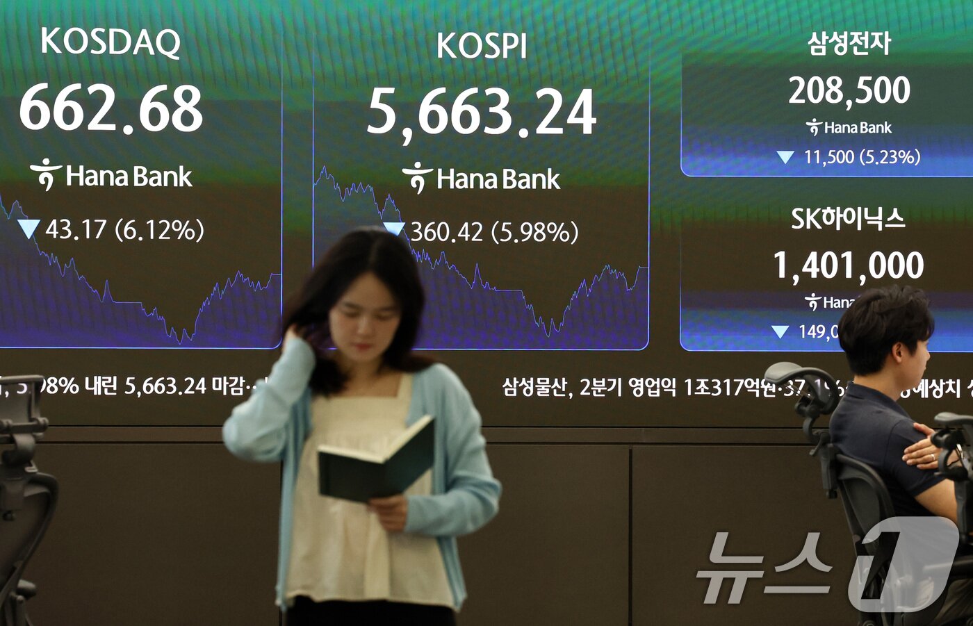 본문 이미지 - 2거래일 연속으로 코스피, 코스닥 시장에 서킷브레이커가 발동한 29일 서울 중구 하나은행 본점 딜링룸 전광판에 코스피, 코스닥 종가가 표시되어 있다. 2026.7.29 ⓒ 뉴스1 최지환 기자