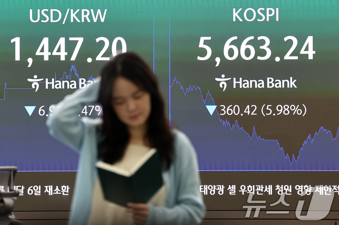 본문 이미지 - 2거래일 연속으로 코스피, 코스닥 시장에 서킷브레이커가 발동한 29일 서울 중구 하나은행 본점 딜링룸 전광판에 코스피 종가가 표시되어 있다. 2026.7.29 ⓒ 뉴스1 최지환 기자