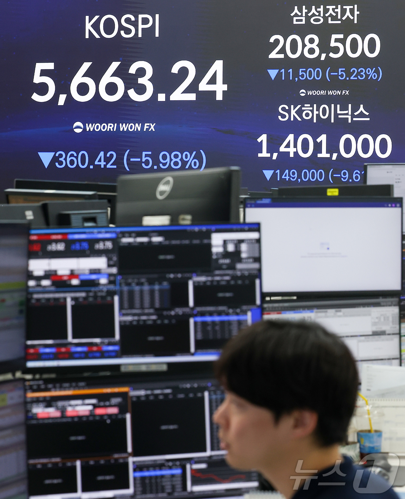 (서울=뉴스1) 김성진 기자 = 코스피 지수가 역사상 처음으로 2거래일 연속 서킷브레이커가 발동한 29일 서울 중구 우리은행 본점 딜링룸 전광판에 종가가 나오고 있다.이날 코스피 …