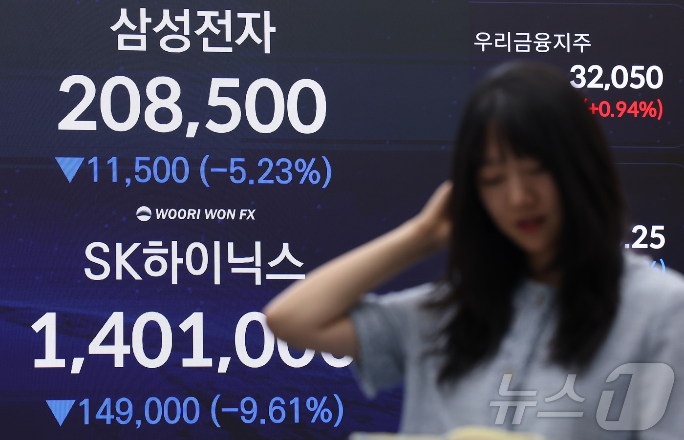 (서울=뉴스1) 김성진 기자 = 코스피 지수가 역사상 처음으로 2거래일 연속 서킷브레이커가 발동한 29일 서울 중구 우리은행 본점 딜링룸 전광판에 종가가 나오고 있다.이날 코스피 …