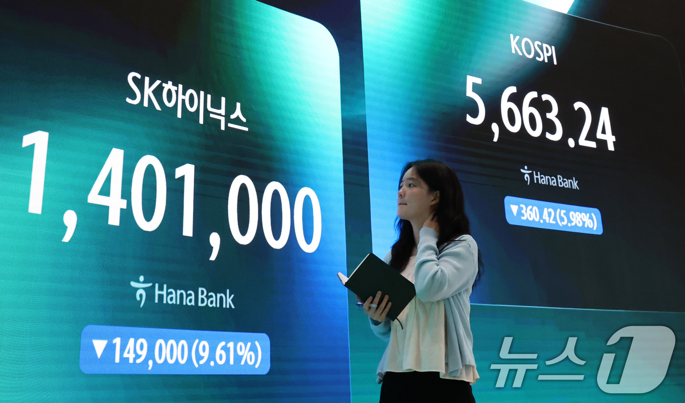 (서울=뉴스1) 최지환 기자 = 2거래일 연속으로 코스피, 코스닥 시장에 서킷브레이커가 발동한 29일 서울 중구 하나은행 본점 딜링룸 전광판에 코스피 및 SK하이닉스 종가가 표시 …