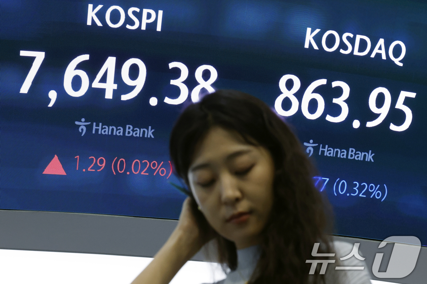 (서울=뉴스1) 박정호 기자 = 3일 오전 서울 중구 하나은행 본점 딜링룸 전광판에 코스피 등 시황이 표시되고 있다.이날 코스피는 전 거래일 대비 91.66p(1.20%) 오른 7 …