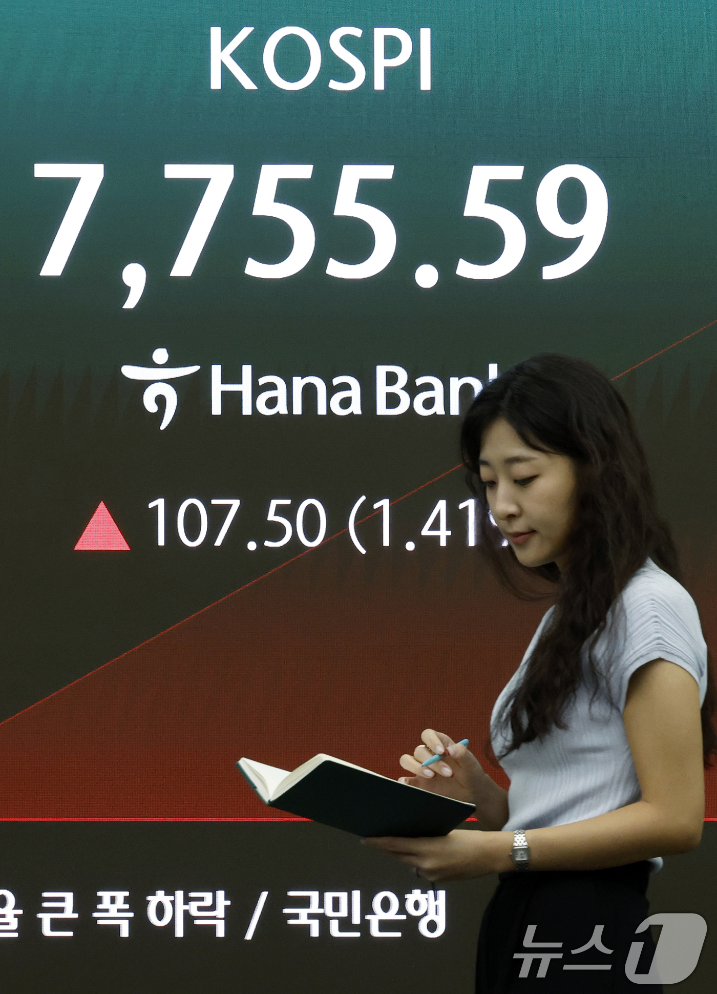 (서울=뉴스1) 박정호 기자 = 3일 오전 서울 중구 하나은행 본점 딜링룸 전광판에 코스피 등 시황이 표시되고 있다.이날 코스피는 전 거래일 대비 91.66p(1.20%) 오른 7 …