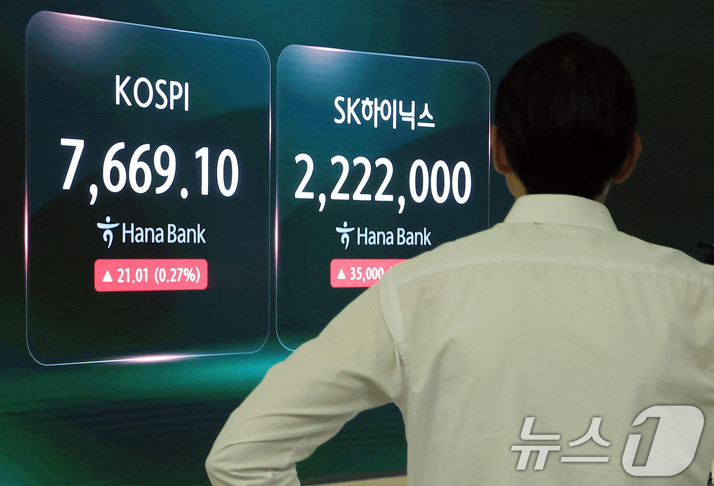 (서울=뉴스1) 박정호 기자 = 3일 오전 서울 중구 하나은행 본점 딜링룸 전광판에 코스피 등 시황이 표시되고 있다.이날 코스피는 전 거래일 대비 91.66p(1.20%) 오른 7 …