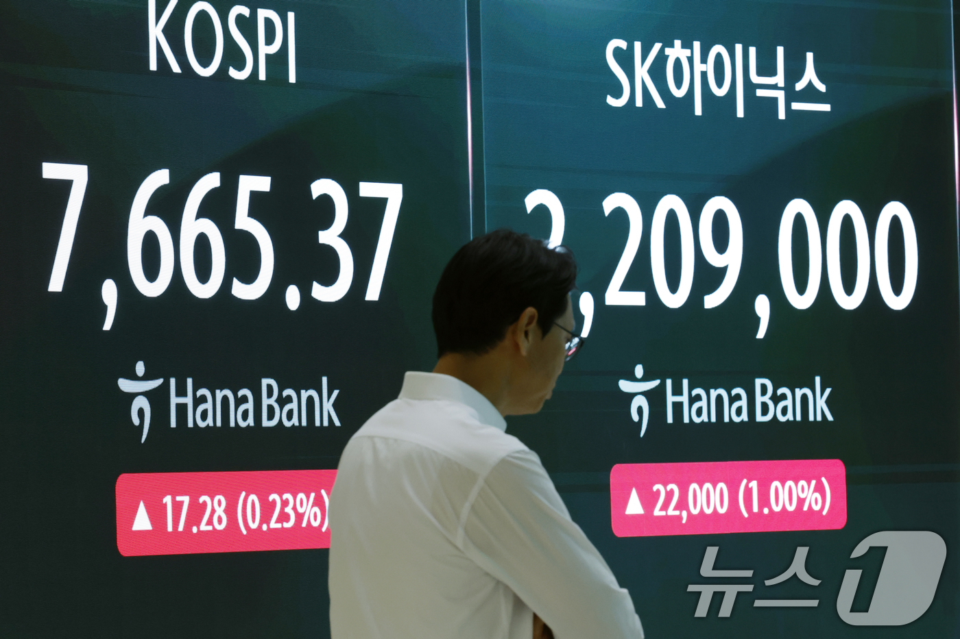 (서울=뉴스1) 박정호 기자 = 3일 오전 서울 중구 하나은행 본점 딜링룸 전광판에 코스피 등 시황이 표시되고 있다.이날 코스피는 전 거래일 대비 91.66p(1.20%) 오른 7 …