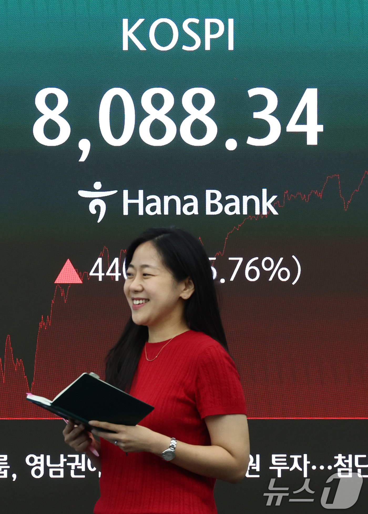 (서울=뉴스1) 최지환 기자 = 3일 오후 서울 중구 하나은행 본점 딜링룸 전광판에 코스피 종가가 표시되어 있다.이날 코스피는 전 거래일 대비 440.25포인트(5.76%) 상승한 …