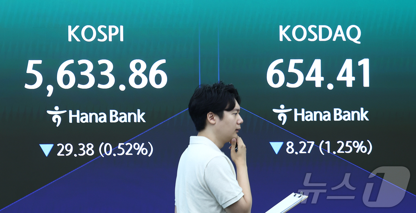 (서울=뉴스1) 김민지 기자 = 코스피가 5600선에서 소폭 상승 출발했다가 곧바로 하락 전환한 30일 오전 서울 중구 하나은행 본점 딜링룸에 개장 시황이 나오고 있다.이날 코스피 …
