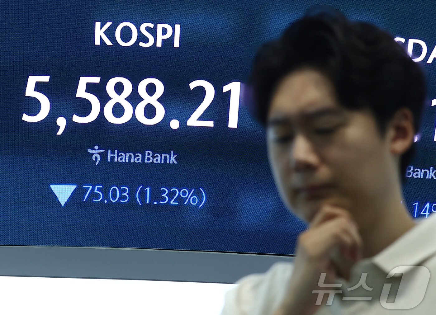 본문 이미지 - 코스피가 5600선에서 소폭 상승 출발했다가 곧바로 하락 전환한 30일 오전 서울 중구 하나은행 본점 딜링룸에 개장 시황이 나오고 있다. 이날 코스피는 전 거래일 대비 18.53포인트(0.33%) 오른 5681.77에, 코스닥은 7.96포인트(1.20%) 내린 654.72에 개장했다. 2026.7.30 ⓒ 뉴스1 김민지 기자