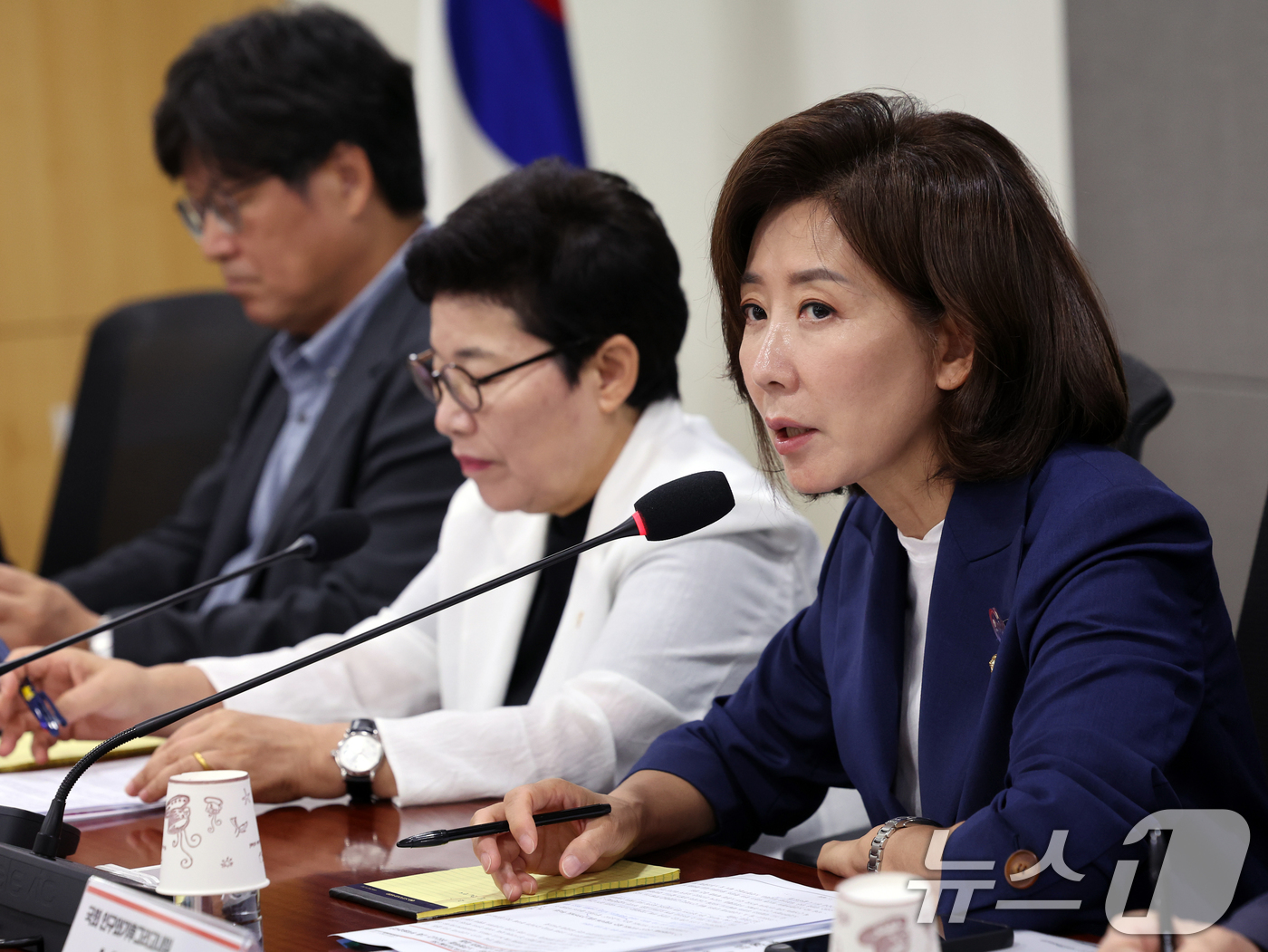 (서울=뉴스1) 황기선 기자 = 나경원 국민의힘 의원이 30일 오전 서울 여의도 국회 의원회관에서 열린 ‘노란봉투법·주52시간 규제 부작용과 국민 일자리 보호를 위한 노동 정책의 …