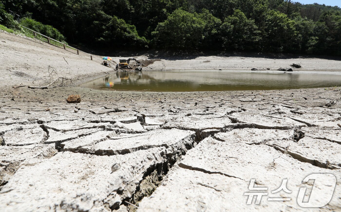 본문 이미지 - 경남 밀양에 폭염중대경보가 발효되고 농업용수 가뭄 단계가 '경계' 수준인 30일 밀양시 무안면 백안저수지 바닥이 메마른 채 갈라져 있다. 한국농어촌공사 농촌용수종합정보시스템에 따르면 이날 기준 백안저수지의 저수율은 1.1%에 불과했다. 2026.7.30 ⓒ 뉴스1 윤일지 기자
