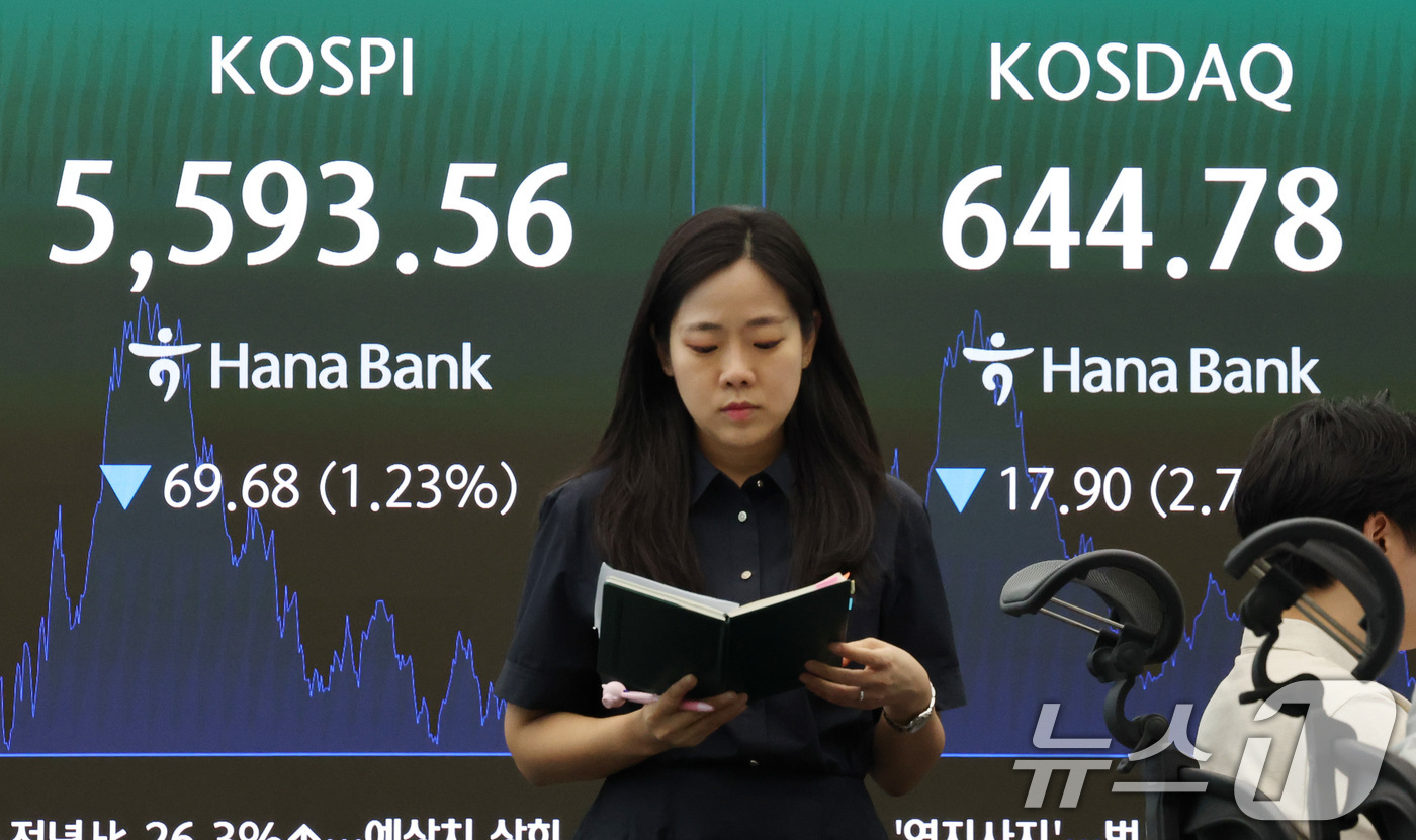 (서울=뉴스1) 임세영 기자 = 30일 서울 중구 하나은행 딜링룸 전광판에 코스피 지수가 전일 종가와 비교해 69.68포인트(p)(1.23%) 하락한 5593.56을 나타내고 있다 …
