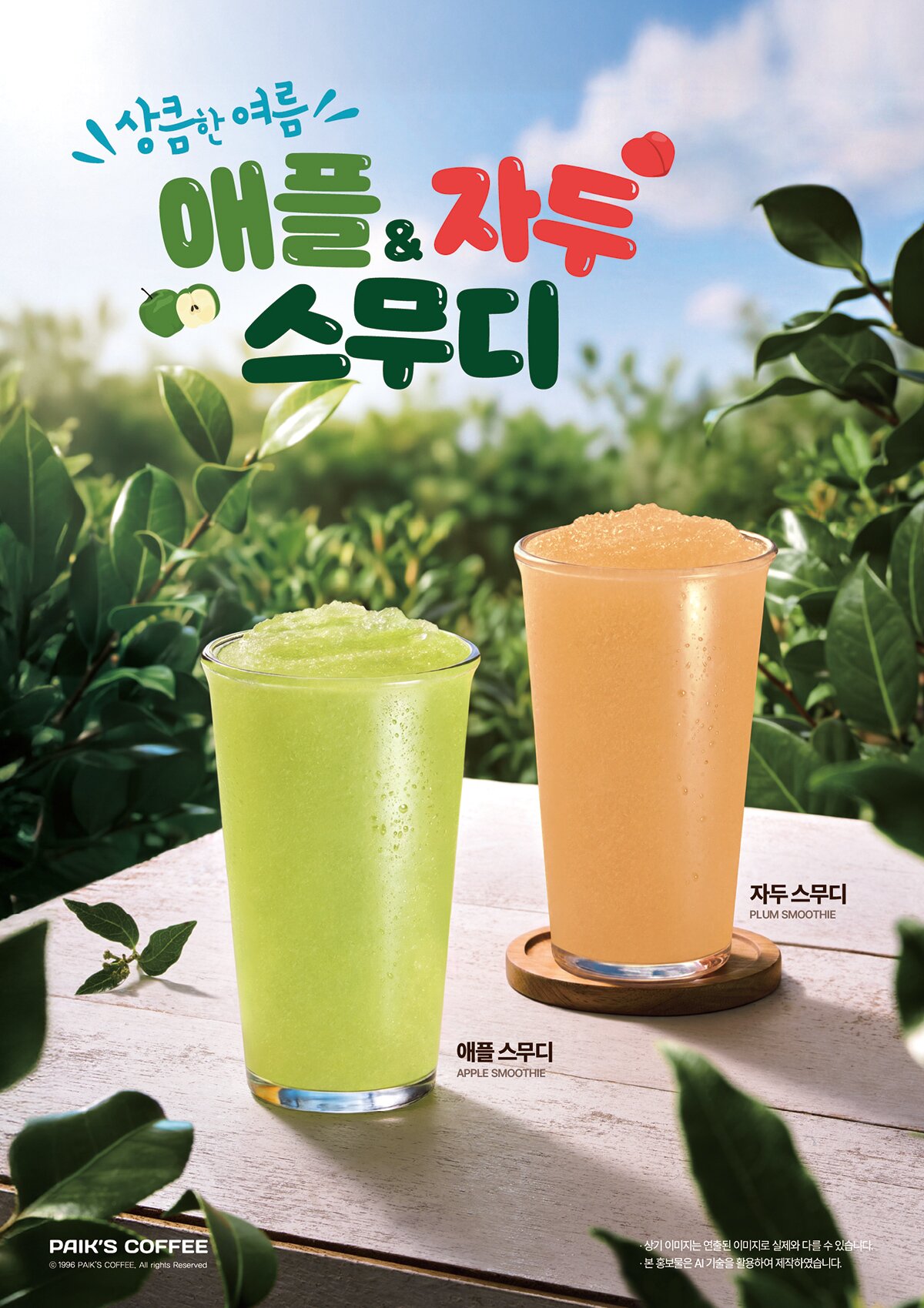 본문 이미지 - 빽다방 여름 시즌 한정 신메뉴 '자두·애플스무디' 2종.(빽다방 제공)