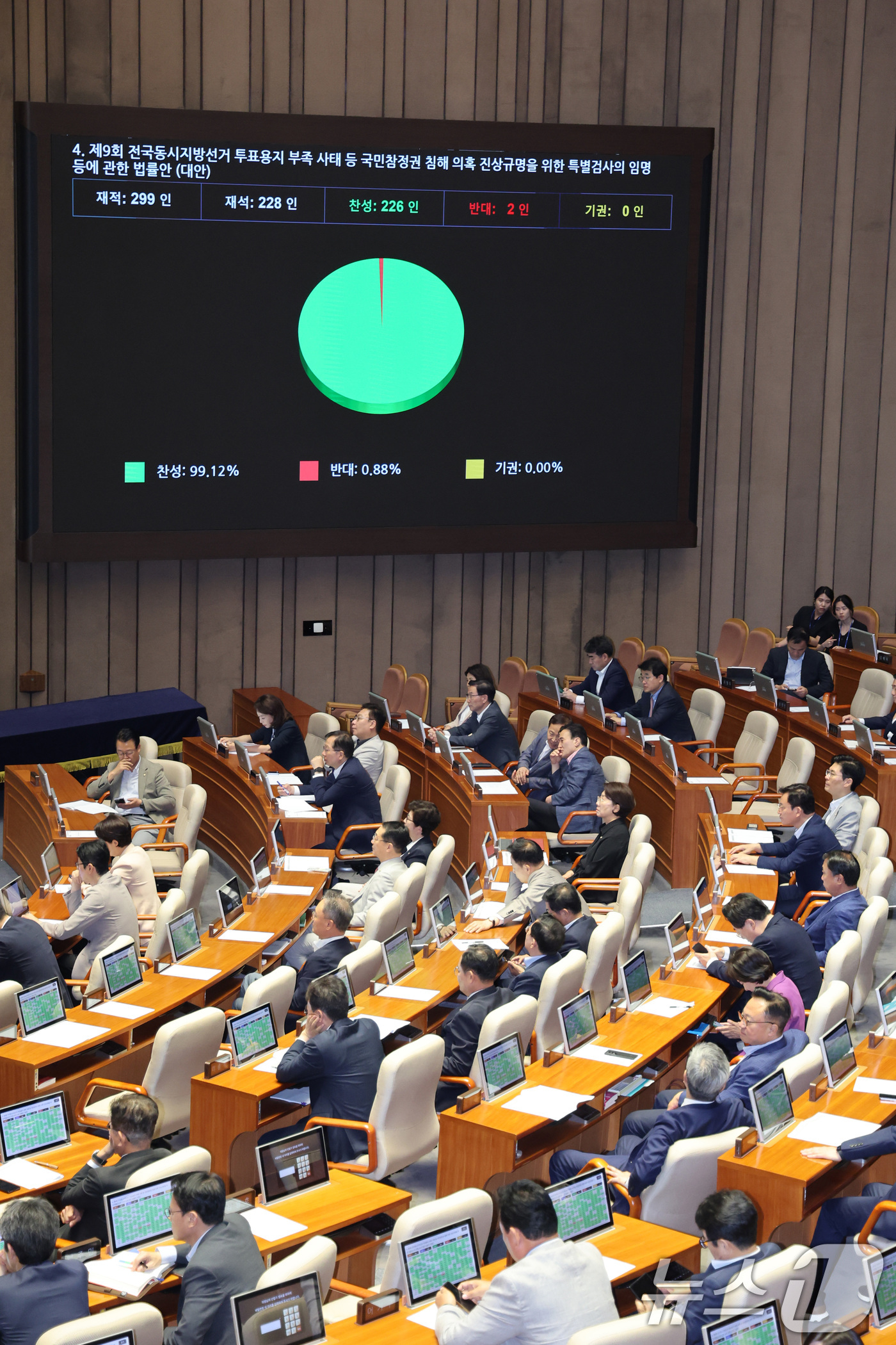 (서울=뉴스1) 신웅수 기자 = 30일 서울 여의도 국회에서 열린 제437회국회(임시회) 제3차 본회의에서 제9회 전국동시지방선거 투표용지 부족 사태 등 국민참정권 침해 의혹 진상 …