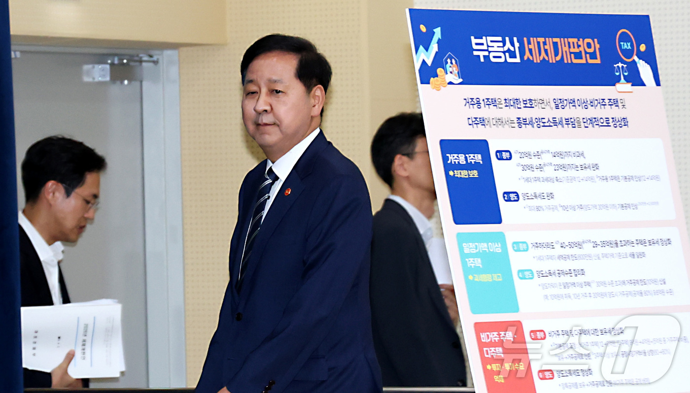 (세종=뉴스1) 김기남 기자 = 구윤철 부총리 겸 재정경제부 장관이 지난 7월30일 세종시 정부세종청사에서 열린 2026년 세제개편안 발표에 입징하고 있다. 2026.8.3/뉴스1 …