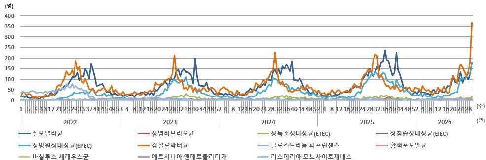 본문 이미지 - 최근 5년간 표본감시 대상 세균성 장관감염증 발생 추이. (질병청 제공)