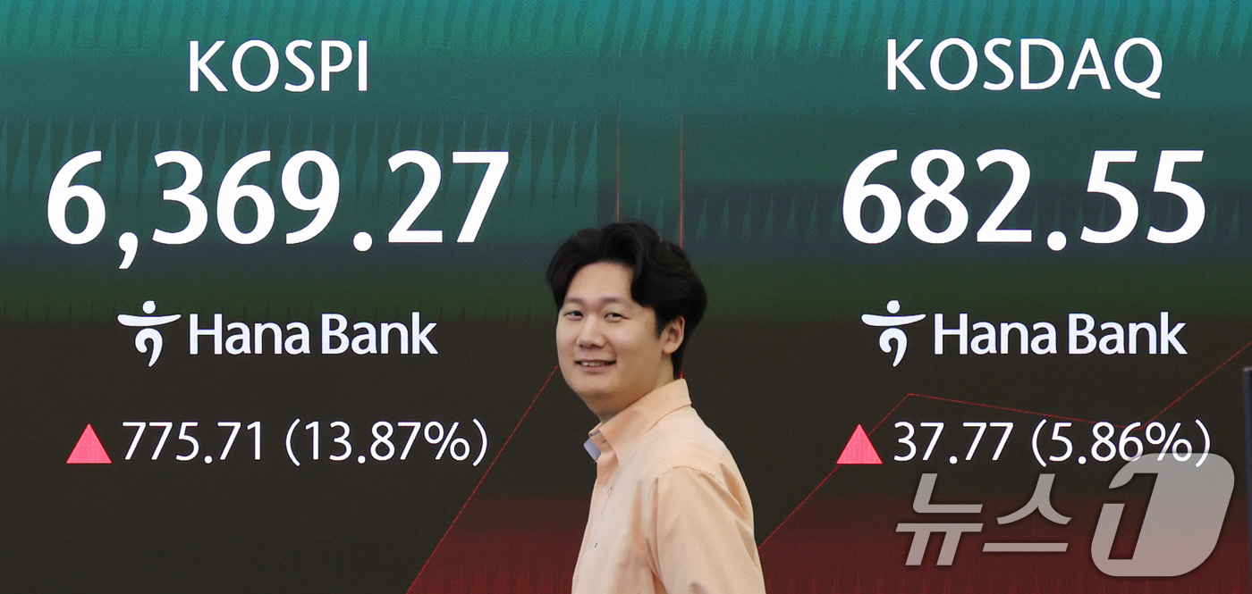 (서울=뉴스1) 박지혜 기자 = 코스피가 장초반 6000선을 돌파한 31일 서울 중구 하나은행 딜링룸 전광판에 코스피 지수가 나타나고 있다.이날 코스피 지수는 전장 대비 64.23 …