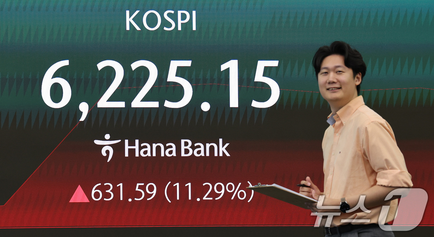 (서울=뉴스1) 박지혜 기자 = 코스피가 장초반 6000선을 돌파한 31일 서울 중구 하나은행 딜링룸 전광판에 코스피 지수가 나타나고 있다.이날 코스피 지수는 전장 대비 64.23 …