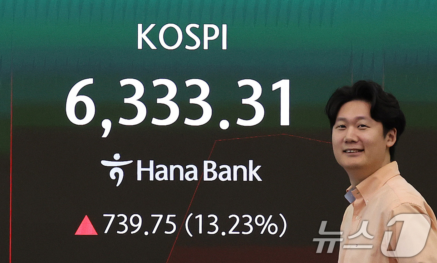(서울=뉴스1) 박지혜 기자 = 코스피가 장초반 6000선을 돌파한 31일 서울 중구 하나은행 딜링룸 전광판에 코스피 지수가 나타나고 있다.이날 코스피 지수는 전장 대비 64.23 …