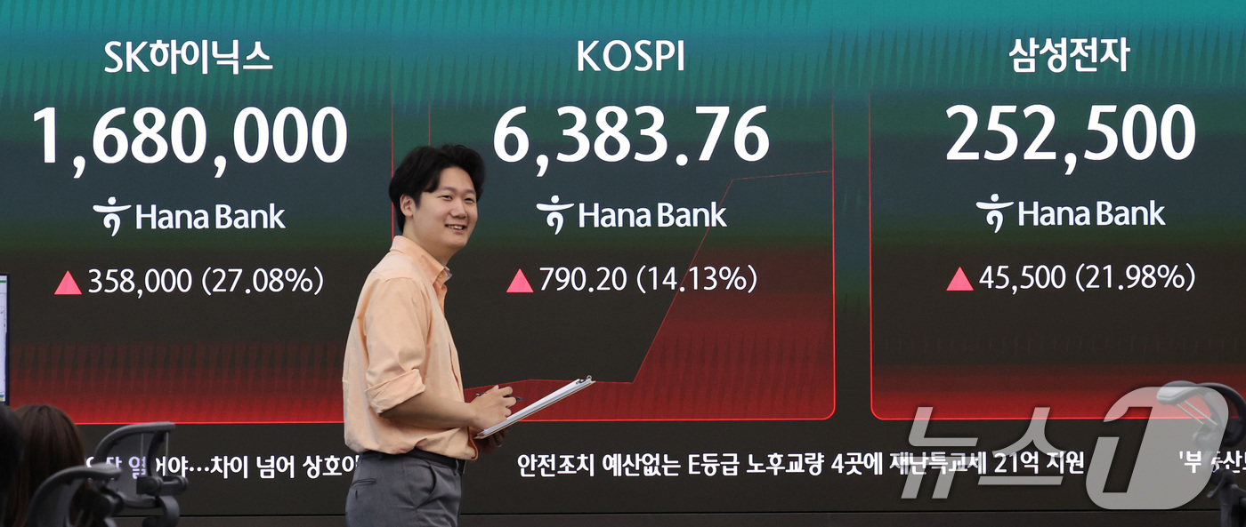 (서울=뉴스1) 박지혜 기자 = 31일 서울 중구 하나은행 딜링룸 전광판에 SK하이닉스와 삼성전자 주가가 나타나고 있다.이날 코스피 지수는 전장 대비 64.23포인트(1.15%) …