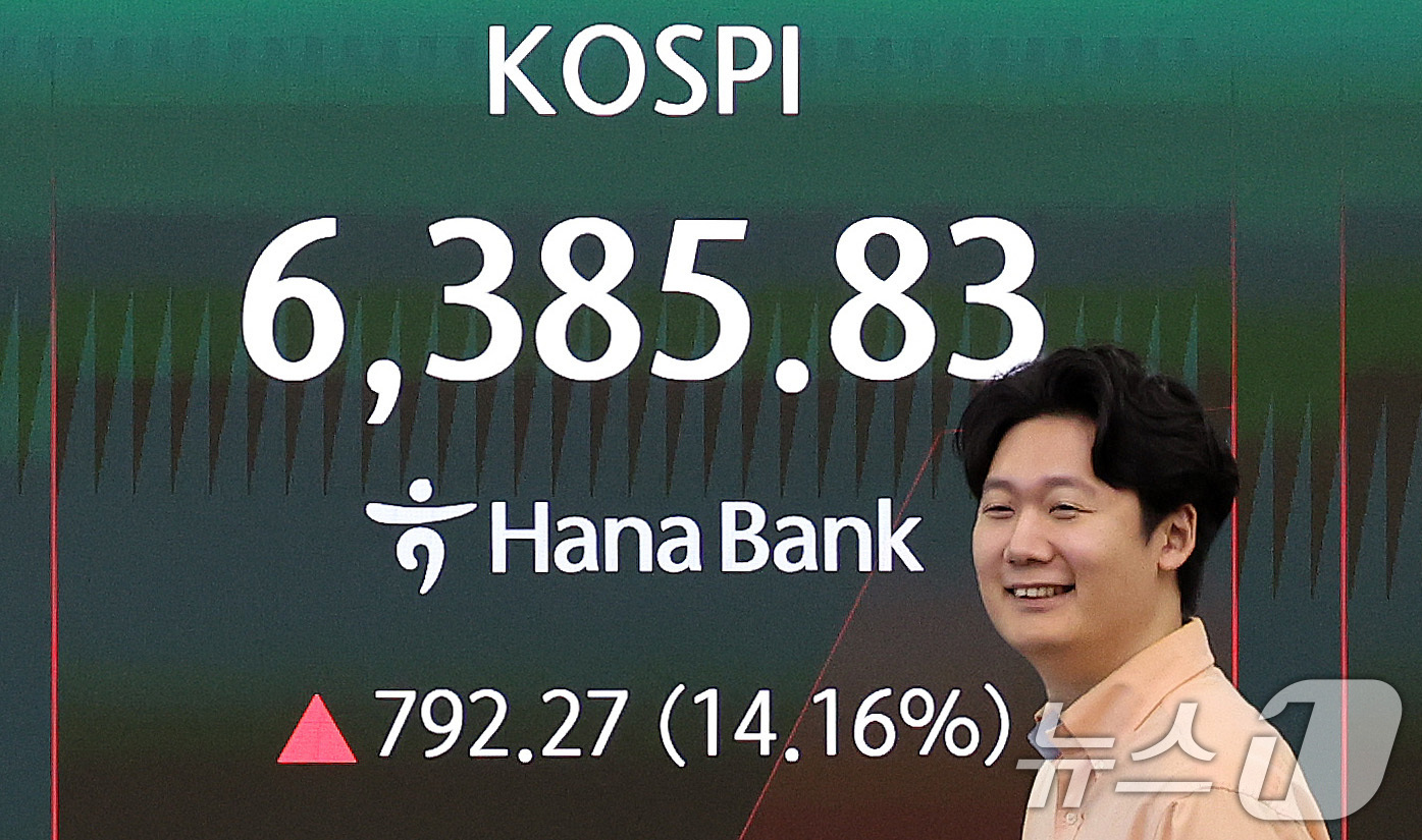 (서울=뉴스1) 박지혜 기자 = 코스피가 장초반 6000선을 돌파한 31일 서울 중구 하나은행 딜링룸 전광판에 코스피 지수가 나타나고 있다.이날 코스피 지수는 전장 대비 64.23 …