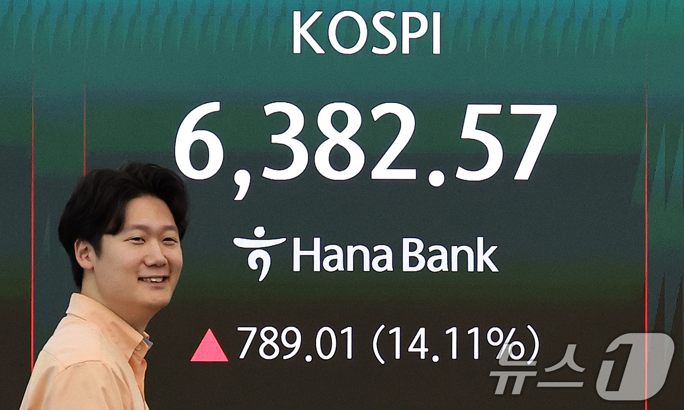 (서울=뉴스1) 박지혜 기자 = 코스피가 장초반 6000선을 돌파한 31일 서울 중구 하나은행 딜링룸 전광판에 코스피 지수가 나타나고 있다.이날 코스피 지수는 전장 대비 64.23 …