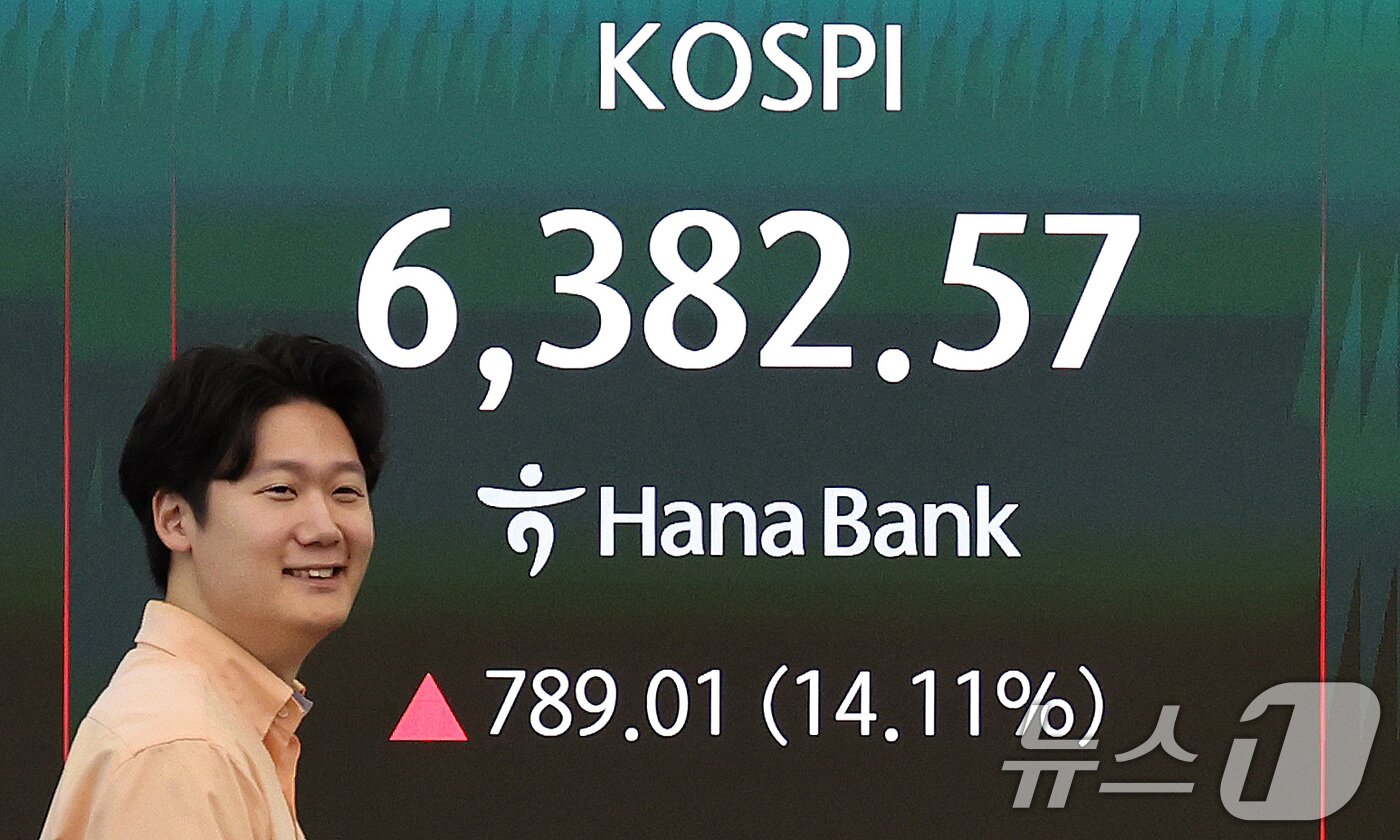 본문 이미지 - 코스피가 장초반 6000선을 돌파한 31일 서울 중구 하나은행 딜링룸 전광판에 코스피 지수가 나타나고 있다. 이날 코스피 지수는 전장 대비 64.23포인트(1.15%) 오른 5,657.79로 출발해 단숨에 6천선을 돌파했다. 2026.7.31 ⓒ 뉴스1 박지혜 기자