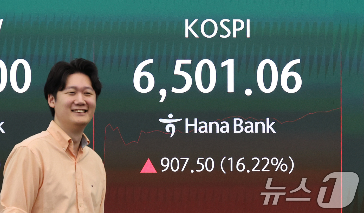 (서울=뉴스1) 박지혜 기자 = 코스피가 장중 6500선을 돌파한 31일 서울 중구 하나은행 딜링룸 전광판에 코스피 지수가 나타나고 있다.코스피가 장중 16% 이상 오른 것은 역대 …