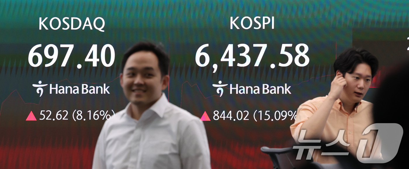 (서울=뉴스1) 박지혜 기자 = 코스피가 장초반 6000선을 돌파한 31일 서울 중구 하나은행 딜링룸 전광판에 코스피 지수가 나타나고 있다.이날 코스피 지수는 전장 대비 64.23 …