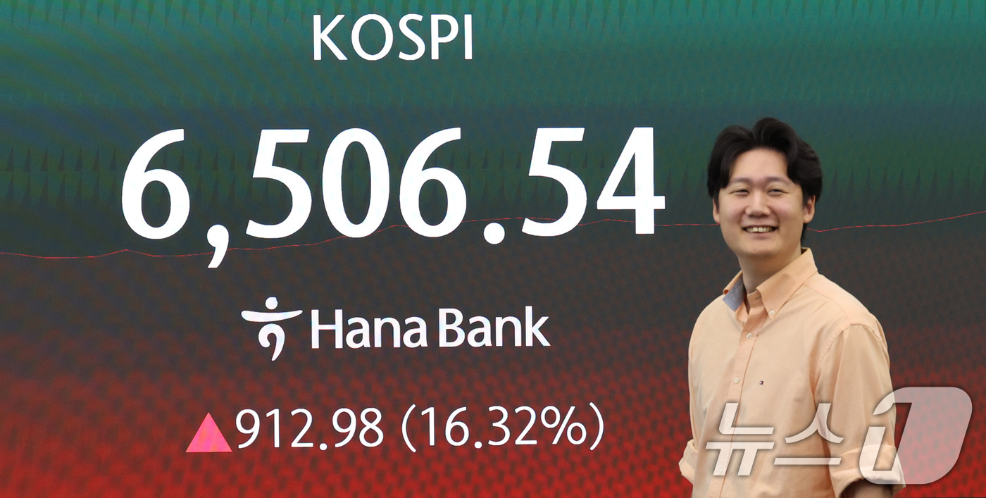 (서울=뉴스1) 박지혜 기자 = 코스피가 장중 6500선을 돌파한 31일 서울 중구 하나은행 딜링룸 전광판에 코스피 지수가 나타나고 있다.코스피가 장중 16% 이상 오른 것은 역대 …