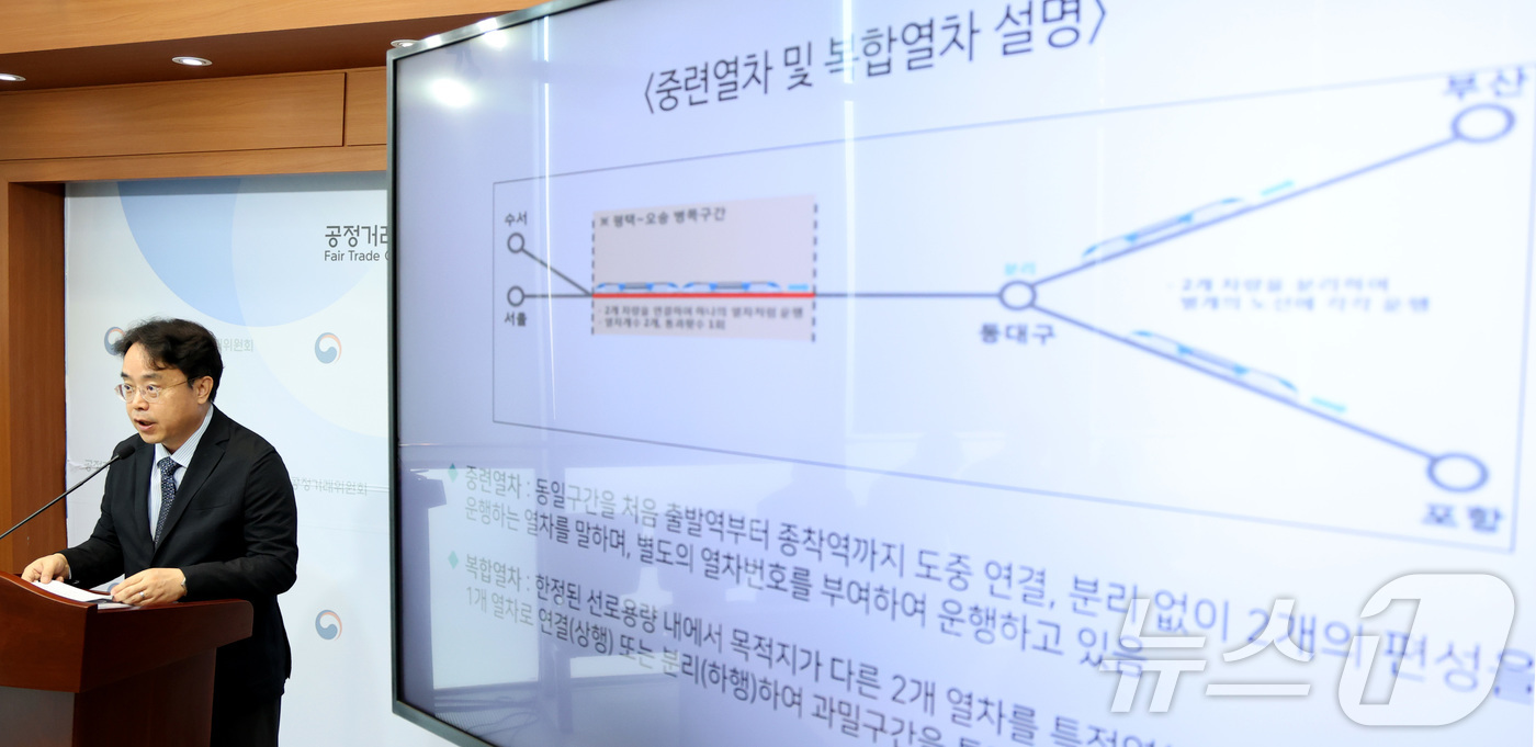 (세종=뉴스1) 김기남 기자 = 전성복 공정거래위원회 기업거래결합심사국장이 지난 31일 세종시 정부세종청사에서 코레일-SR 기업결합 승인 내용을 국토부와 공동으로 발표하고 있다.공 …