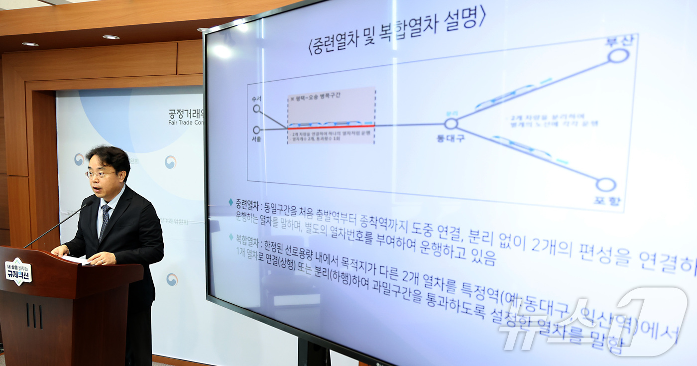 (세종=뉴스1) 김기남 기자 = 전성복 공정거래위원회 기업거래결합심사국장이 지난 31일 세종시 정부세종청사에서 코레일-SR 기업결합 승인 내용을 국토부와 공동으로 발표하고 있다.공 …