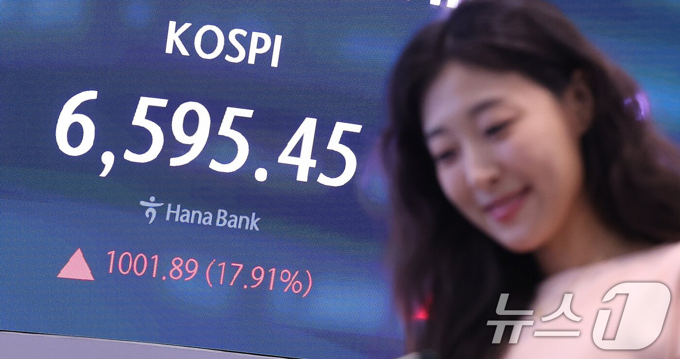 본문 이미지 - 사흘 연속 급락했던 코스피가 폭등하며 역대 최대 상승세를 보인 31일 오후 서울 중구 하나은행 딜링룸 전광판에 종가가 나타나고 있다.  2026.7.31 ⓒ 뉴스1 박지혜 기자