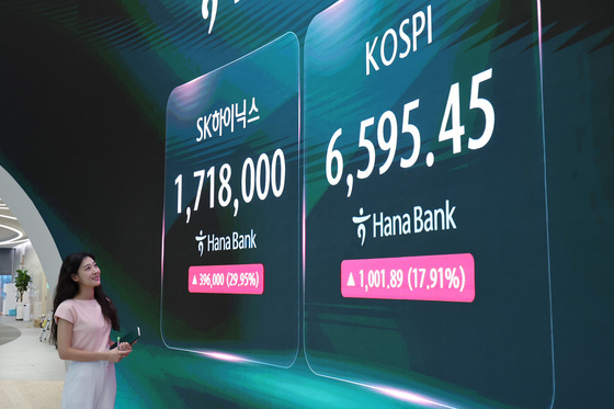 코스피 17.91% 폭등해 6595.45…SK하닉 첫 상한가 마감